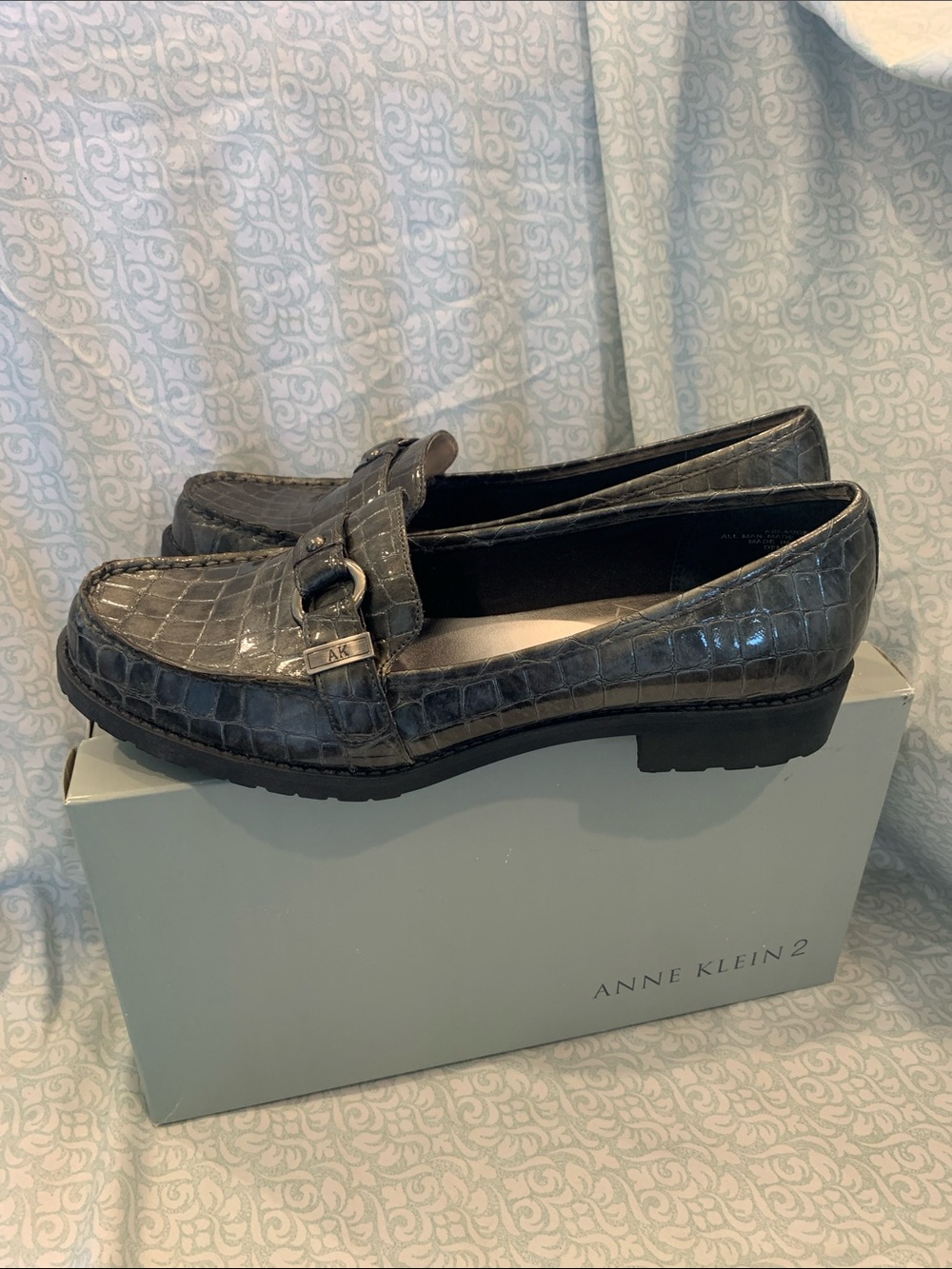 Anne Klein 2 Aklange Pewter Charcoal Croc-Embossed Loafers with AK Hardware US